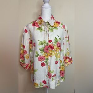Emma James Women’s Floral Linen/Rayon Blend Button Shirt Blouse 3/4 Sleeves Sz 8